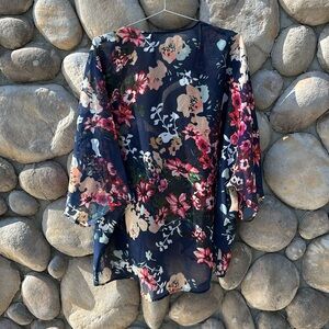 Navy Blue and Multicolor Floral Summer Kimono Cardigan Cover-Up
